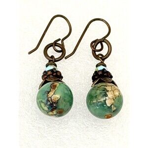 Handmade Boho Green Jasper Bead Earrings Rustic Copper Dangle Jewelry